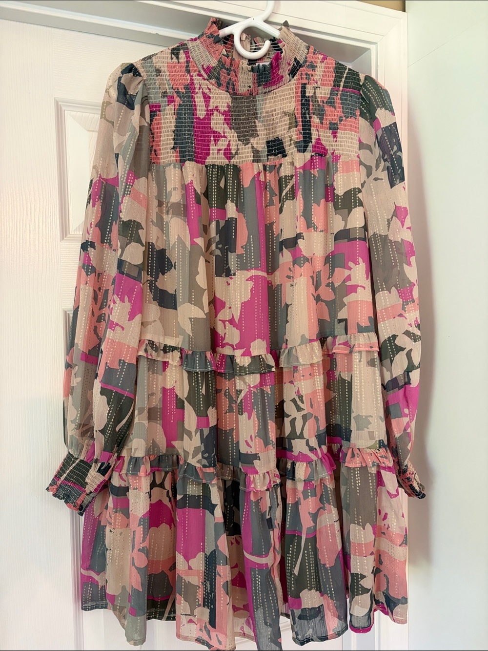 Fate Multicolor Pink Floral Tiered Midi Dress Sheer Sleeves